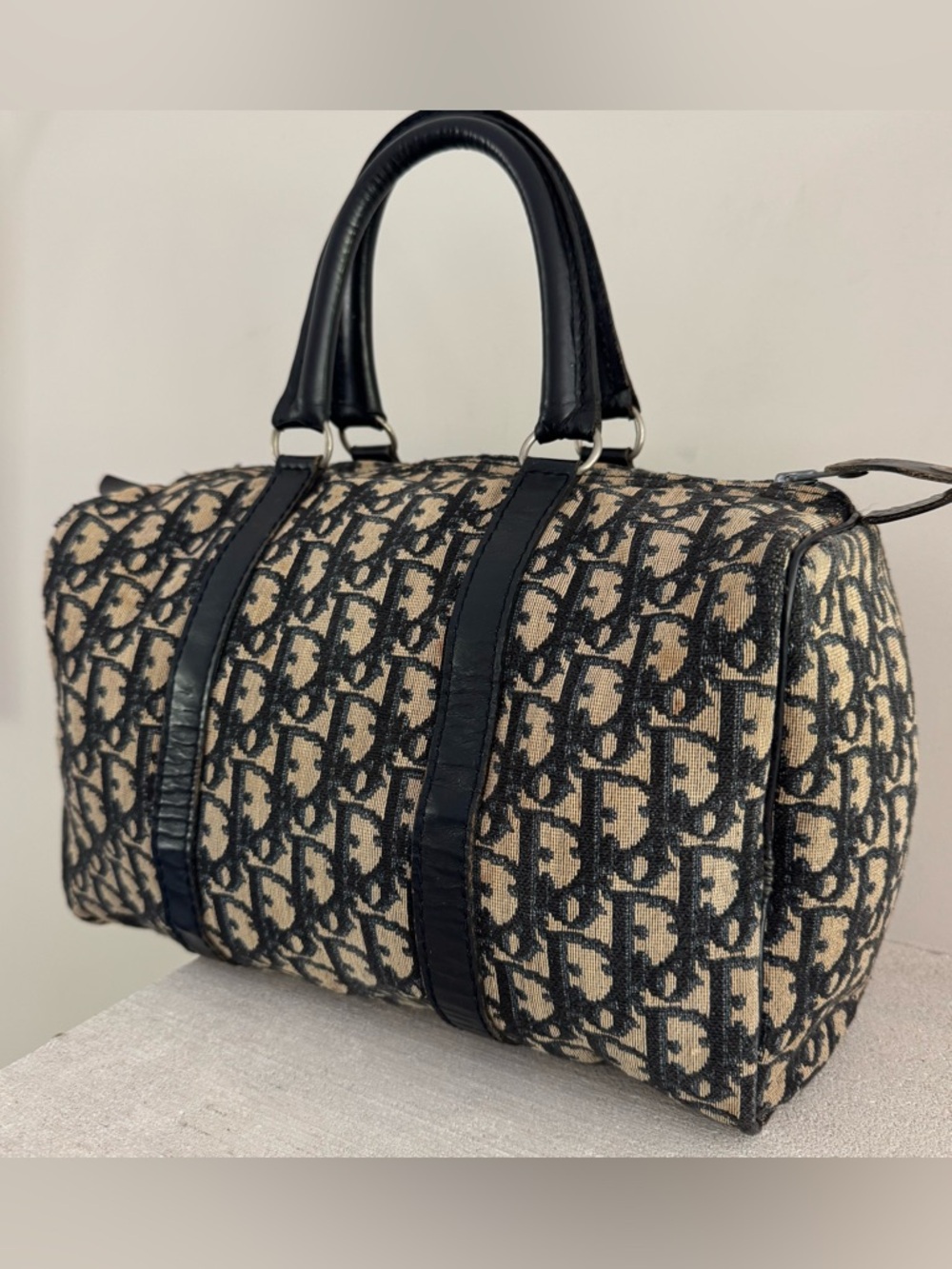 DIOR Vintage Trotter Boston Bag 30cm Navy Jacquard Canvas Navy Leather - Picture 2 of 12
